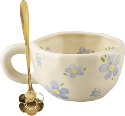 Schattige handbeschilderde keramische theekop met lepel, 250 ml, perfect als cadeau voor vrouwen, ideaal voor cappuccino en thee, kleurrijke bloementhema