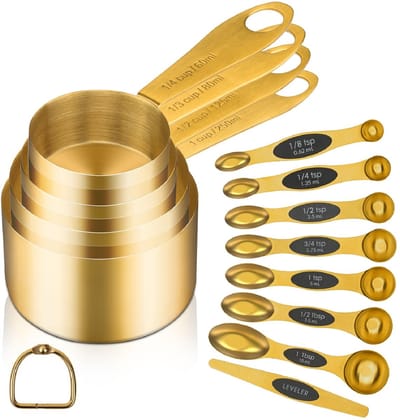 Gouden magnetische maatlepels en kopjes, set van 12, 8 dubbelzijdige magnetische maatlepels met leveller, 4 premium roestvrijstalen maatbekers, meten voor droge en vloeibare ingrediënten