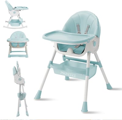 Phreeze Kinderstoel - Inklapbaar - Meegroeistoel 6 t/m 72 maanden - Afneembare Wielen - Eetstoel Baby & Peuter - Ook als Loopstoel, Wipstoel, Babystoel aan tafel / voor eten / thuis - Blauw