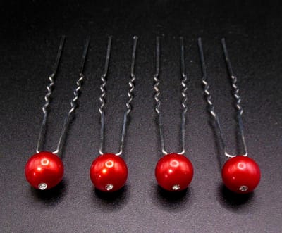 Haarpinnen parel rood met strass puntje