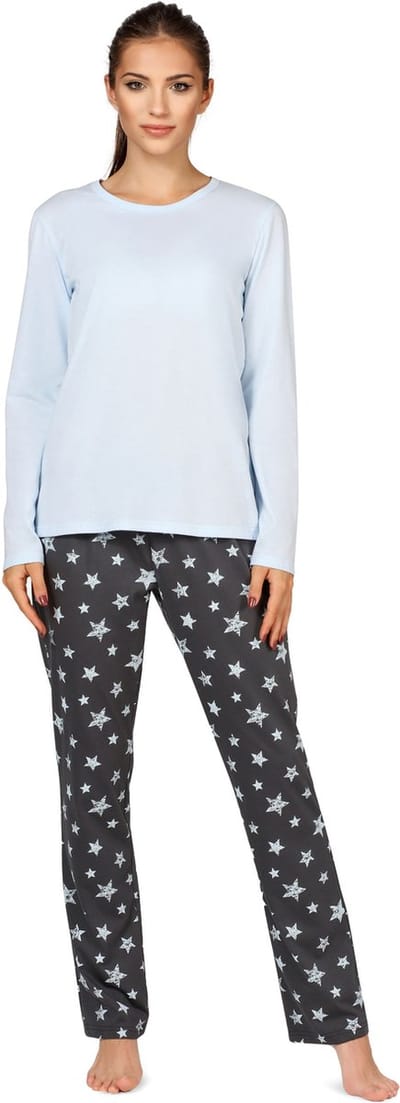 Bellivalini Dames Pyjama - Lange mouwen - Lange broek - Katoen - BLV-BLV50-167-PJ - Blauw Grafiet Sterren - L