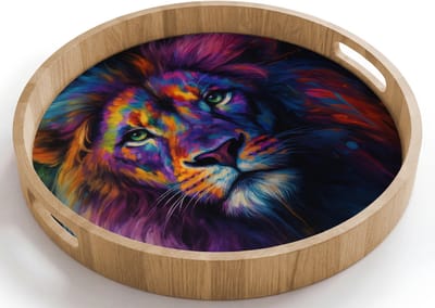 Dienblad rond 40x40 cm - Schootdienblad hout - Leeuwenkop - Felgekleurd - Abstract - Borrelplank rechthoek - Plateau houten dienbladen