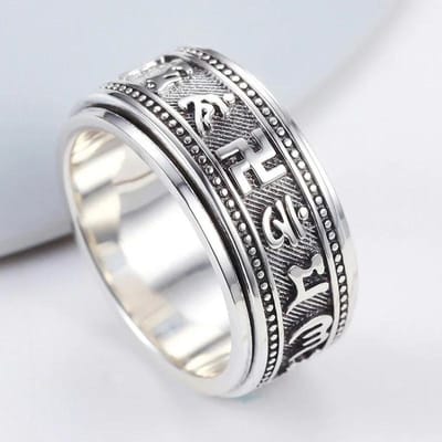Thaise Handgemaakte Mannen Ringen Draaibare Stereoscopisch Reliëf Ontwerp Vintage Glanzend Zes-Karakter Mantra Dominerende Sieraden 12 gray