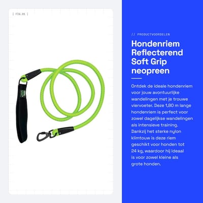 Dailygoods- Hondenriem 1,80 m - Reflecterend - Soft Grip Neopreen Handvat - Duurzaam - Nylon Klimtouw - Voor Honden tot 24 kg - Hondentuig