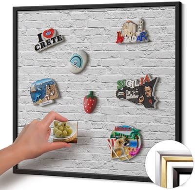Wallfluent - Grijs Magneetbord met Patronen - 50 cm x 50 cm - Magneetbord met Zwarte Frame - Bakstenen muur lichte muur - Memobord voor Keuken - Magnetisch Bord Kindvriendelijk - Magnetisch Wandbord