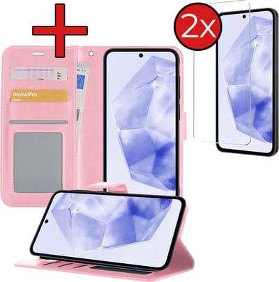 Hoesje - Met 2x Screenprotector - Geschikt voor Samsung Galaxy A35 - Luxe Pasjeshouder - Flip Case - Bookcase Portemonee - Kunstleer Book Case - Flipcase Hoes - Book Cover - Walletcase - Portemonneehoes - Telefoonhoes - Lichtroze