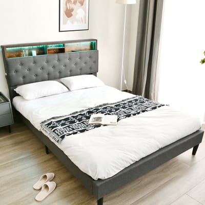 MODFU - Bedframe 140x200 cm – Grijs linnen met opberghoofdbord & LED – Incl. matras