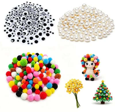 Knutselset Met 100 Zelfklevende Wiebelogen, 150 Pompons En 50 Kralen (6mm), Creatieve Accessoires Voor Chenilledraad, Bloemen Maken En Handwerk Decoratie