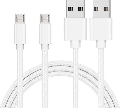 2x Micro USB naar USB A Nylon Gevlochten Kabel Zilver Wit - 1 meter - Oplaadkabel voor Samsung Galaxy A10 (A105) / A6 2018 (A600) / A6 PLUS 2018 (A605) / A7 2018 (A750) / A7 2015 (A700) / A5 2016 (A510) / A5 2015 (A500) / A3 2016 (A310)