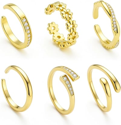6Pcs Verstelbare Teen Ringen voor Vrouwen in 14K Goud Gevuld met Bloem Motief en Cz Steentjes, Ideaal voor Zomer Strand en Voet Sieraden Set