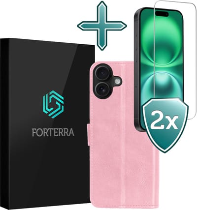 Hoesje Met 2x Screenprotector - Geschikt voor Apple iPhone 16 - Luxe Pasjeshouder - Flip Case - Bookcase Portemonee - Kunstleer Book Case - Flipcase Hoes - Book Cover - Walletcase - Portemonneehoes - Lichtroze