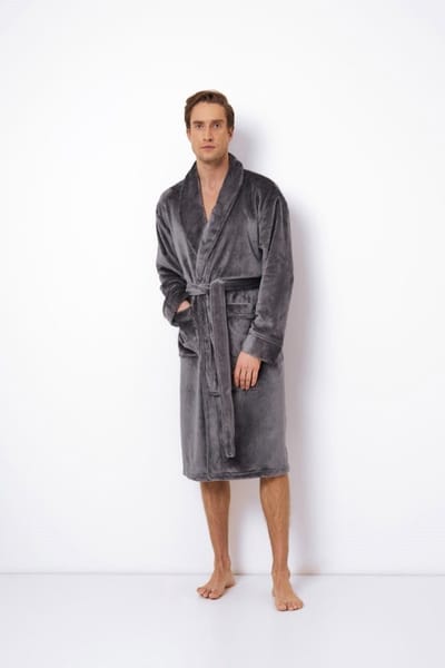 Luxe badjas heren – grijze badjas met luxe details – kroon borduring - herenbadjas zacht – luxury bathrobe – 100% fleece – maat S