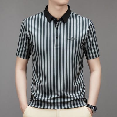 Zomer Nieuw Heren Cool Gestreept Poloshirt Jong en Midden-Leeftijd Mode Casual T-shirt met Korte Mouwen Onderhemd Heren XXXXL gray