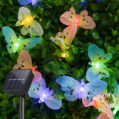 Lichtsnoer op zonne-energie - Decoratieve ketting - Buitenversiering - 20 vlinderlampjes - 5 meter - Kleurrijk