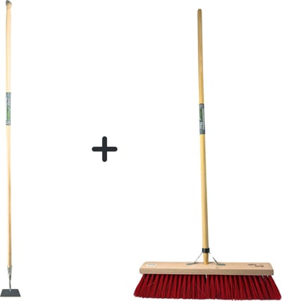 Synx Tools Rechte schoffel 14 cm & Synx Tools Nylons StraatBezem 40cm - Onkruidverwijderaar - Schoffel met Steel - 160 cm steel met hilt - Buiten bezem Kunststof haren - Bezem met Steel 150 cm