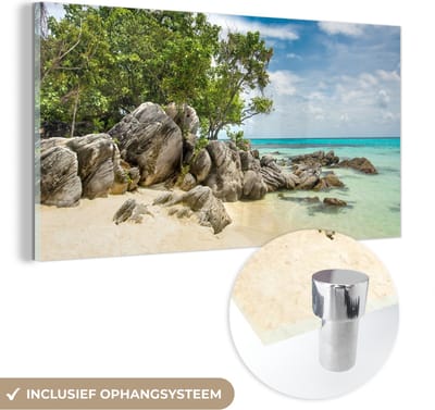MuchoWow® Glasschilderij 40x20 cm - Schilderij acrylglas - Strand - Stenen - Zee - Zomer - Foto op glas - Schilderijen