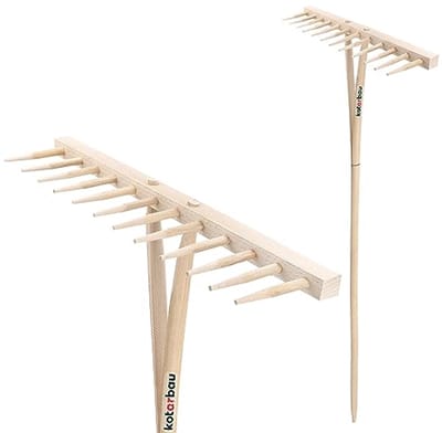 KOTARBAU® Bladhark, Tuinhark , Hout, 58,5 cm, Natuurlijk, 12 Tanden, Bladbezem, Waaierbezem, Bladhark Met Houten Steel, 168 cm, Stevige Hark