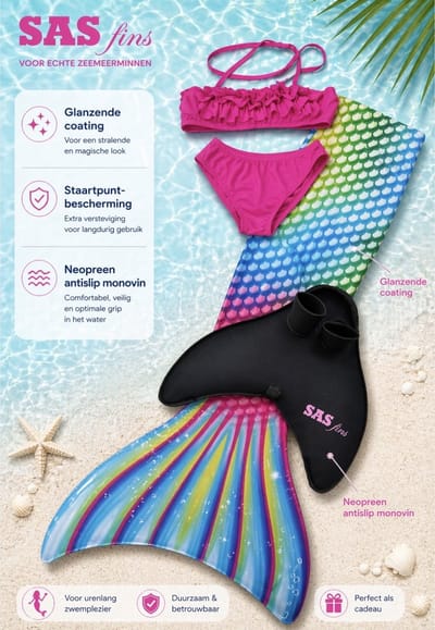 Zeemeerminstaart set Disco Splash | Extra smalle taille | Met Shine coating & slijtvaste staartpunten. Maat 116/122