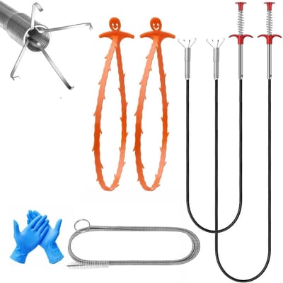 Reinigingsset voor Afvoeren, 2 Grijpers, Flexibele Klauwgrijpers, 2 Afvoerreinigers, Spiralen, 1 Flexibele AfvoBorstel, 1 Nitril Handschoenen voor het Verwijderen van Verstoppingen zoals Haar, Eten en Vuil