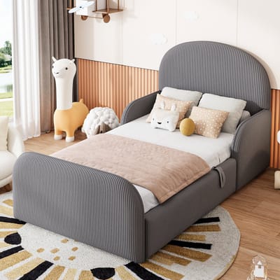 OKWISH Kinderbed 90x200 cm - Gestoffeerd Bed Met Hydraulische Opbergruimte - Met Zijrail - Zonder Matras - Grijs