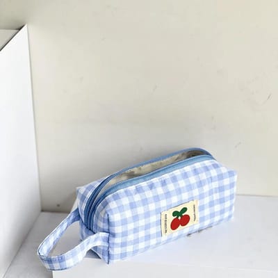 Trousse à crayons brodée à carreaux, trousse de papeterie portable, grande capacité, stylos Kawaii, trousses de maquillage pour femmes et filles, fournitures scolaires bleu