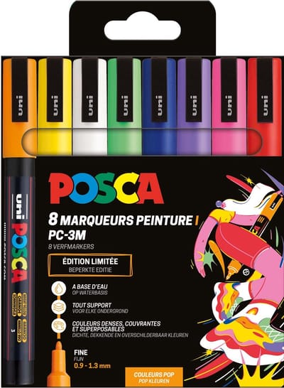 Uni POSCA paintmarker PC-3M | 1 | 5 mm | etui van 8 stuks in geassorteerde Pop kleuren