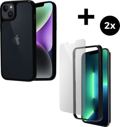 Mobiparts Rugged Clear Case hoesje geschikt voor Apple iPhone 14 Plus met 2 Screenprotectors van Gehard Glas - Zwart/Transparent