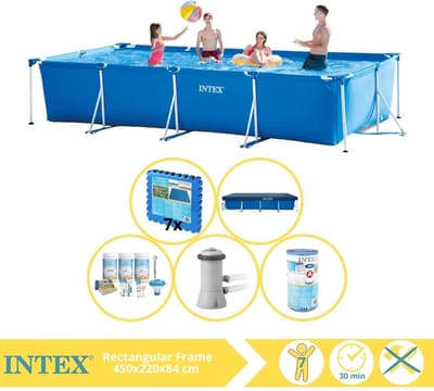 Intex Rechthoekig Frame Zwembad - 450 x 220 x 84 cm - Blauw - Inclusief Afdekzeil - Onderhoudspakket - Zwembadfilterpomp - Filter - Vloertegels - 6-delig