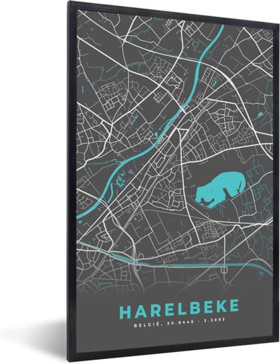 Fotolijst incl. Poster - België – Harelbeke – Stadskaart – Kaart – Blauw – Plattegrond - 40x60 cm - Posterlijst