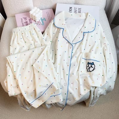 Kleurrijke Polka Dot Cartoon Print Dames Pyjama Koreaanse Stijl Lazy Breast Zijden Pyjama Herfst en Winter Nieuwe Huisset L