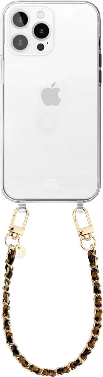xoxo Wildhearts siliconen hoesje geschikt voor iPhone 16 Pro Max - Classic Chain - Leopard (kort koord) - Telefoonhoesje - Hoesje met koord - Schakelketting - Kort telefoonkoord - Luipaardprint met goud - Transparant hoesje