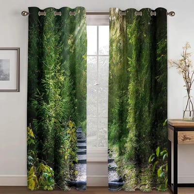 3D Tropisch Bos Natuurlijk Landschap 3D Digitaal Ontwerp Slaapkamer Woonkamer Raambekleding 2 Panelen Weelderige Groene Bomen Mos Diep Bos 50W60H(CM)X2&HOOK