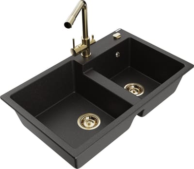 Mexen Tomas granieten spoelbak met 2 koen en keukenkraan Duero, zwart/goud metallic - 6516-75-671600-50