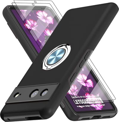 Casemania Hoesje Geschikt voor Google Pixel 7 - Zwart + 2X Glazen Screenprotector - Anti-Shock Creative Kickstand Case