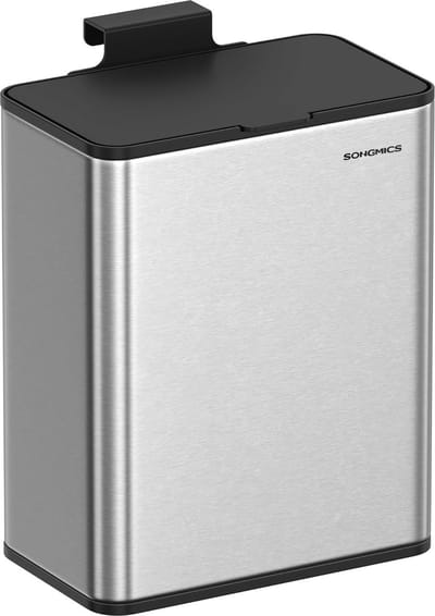 FurnStar - Vuilnisemmer Hangend - 8 L Compostemmer Keuken - Stalen Afvalemmer met Deksel voor Biologisch Afval - met Haken - Aan de Kastdeur of Muur - Voor Onderkast Badkamer - Metallic Zilver