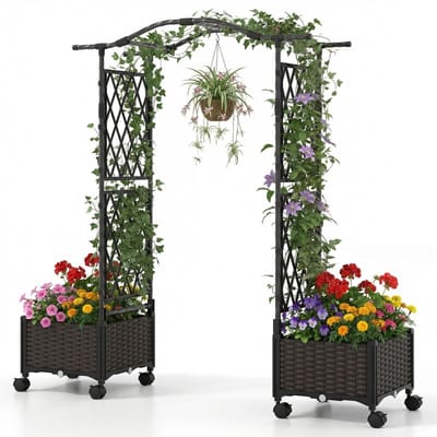 Plantenbak met klimrek - Bloembak - Weerbestendig - Met trellis - Buiten - Metaal - Plantenrek - Bruin