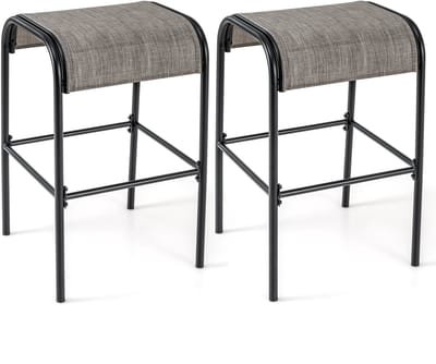 COSTWAY Set van 2 barkrukken voor buiten, barstoelen met gebogen stoffen zitting, barkruk tot 180 kg belastbaar, zithoogte 76 cm, rugvrije bistrokruk voor balkon, tuin en zwembad