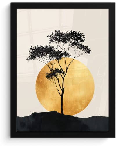 Poster in lijst - Fotolijst 30x40 cm - Posters - Zwarte boom - Gouden cirkel - Heuvel - Posterlijst zwart - Decoratie - Wanddecoratie woonkamer - Muurdecoratie slaapkamer