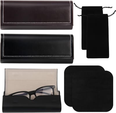 Set van 6 Leren Brillenhoezen in Zwart, Rood en Bruin met Reinigingsdoek en Pouch voor Zonnebrillen, Leesbrillen en Sportbrillen