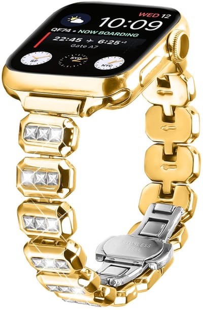 RVS bandje met glittersteentjes - geschikt voor Apple Watch 1/2/3/4/5/6/7/8/9/10/11/ SE (1,2,3) met maat 38 mm / 40 mm / 41 mm en 42 mm (Watch 10/11) - stalen band met vlindersluiting - goud