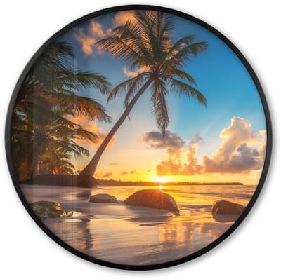 Poster in lijst Rond - Fotolijst 60x60 cm - Posters - Strand - Zee - Palmboom - Zonsondergang - Ronde posterlijst zwart - Decoratie - Wanddecoratie woonkamer - Muurdecoratie slaapkamer