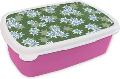 Broodtrommel Roze - Lunchbox - Brooddoos - Edelweiss - Groen - Bloemen - Patronen - 18x12x6 cm - Kinderen - Meisje