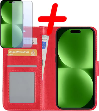 Hoesje Met Screenprotector - Geschikt voor Apple iPhone 15 - Luxe Pasjeshouder - Bookcase Portemonee - Flip Case - Kunstleer Book Case - Flipcase - Book Cover - Walletcase - Portemonneehoes - Rood