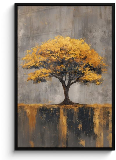 Poster in lijst - Fotolijst 80x120 cm - Posters - Boom - Bladeren - Goud - Abstract - Posterlijst zwart - Decoratie - Wanddecoratie woonkamer - Muurdecoratie slaapkamer