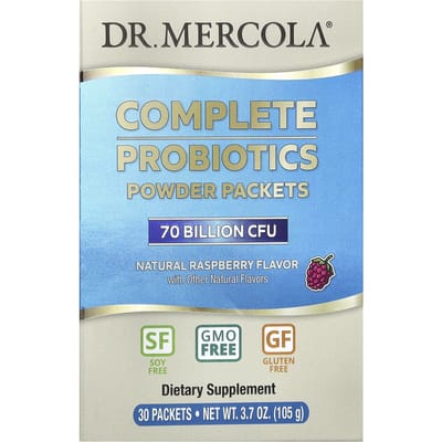 Dr. Mercola, Complete Probiotica Poeder voor Kinderen, Natuurlijke Framboos, 70 Miljard KVE, 30 Zakjes, 0,12 oz (3.5 g) Elk