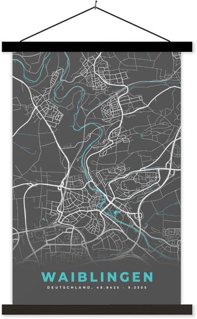 Posterhanger incl. Poster 40x60 cm - Schoolplaat - Duitsland – Blauw – Waiblingen – Stadskaart – Kaart – Plattegrond - Textielposter - Zwarte latten - Stadskaart