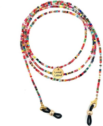 Luna-Leena duurzame brillenkoord multi - L95cm - glass beads + zwarte lusjes - handgemaakt in Nepal - glasses cord - brillen accessoire - cadeau - sunglasseschain - verjaardag - brillenketting - sieraad