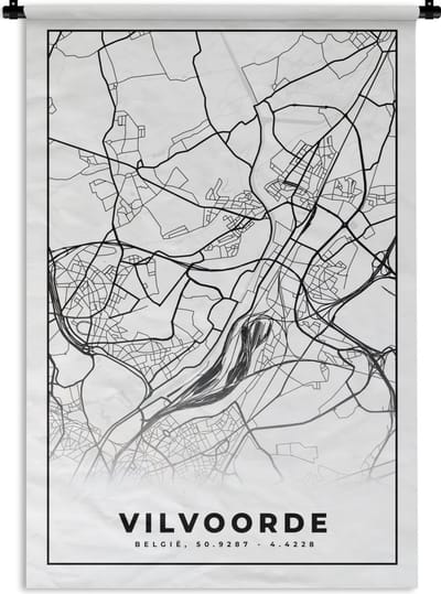 Wandkleed - Wanddoek - Stadskaart – Plattegrond – België – Zwart Wit – Vilvoorde – Kaart - 120x180 cm - Wandtapijt