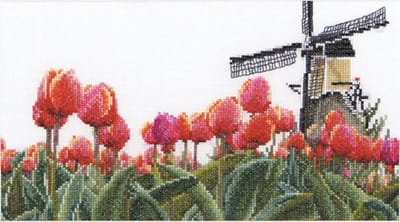 Thea Gouverneur - Borduurpakket met telpatroon - 473 - Voorgesorteerde DMC Garens - Bollenveld Tulp - Linnen - 24 cm x 14 cm - DIY Kit