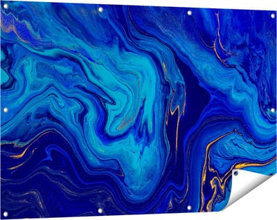 Gards Tuinposter Abstracte Kunst - Blauw met Gouden Verf - 120x80 cm - Tuindoek - Tuindecoratie - Wanddecoratie buiten - Tuinschilderij